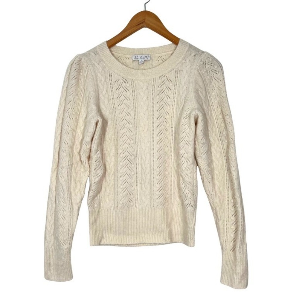 J.Crew Womens Ivory Cable Knit Pointelle Puff Shoulder Wool Alpaca Sweater XS